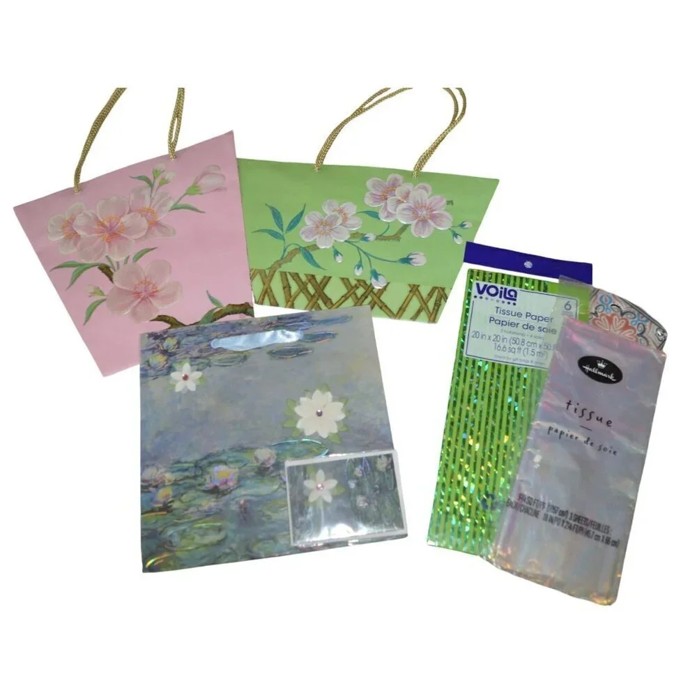 Retro Floral Gift Bag Tissue Party Bundle of 5 Pieces Pink Green Blue Iridescent
