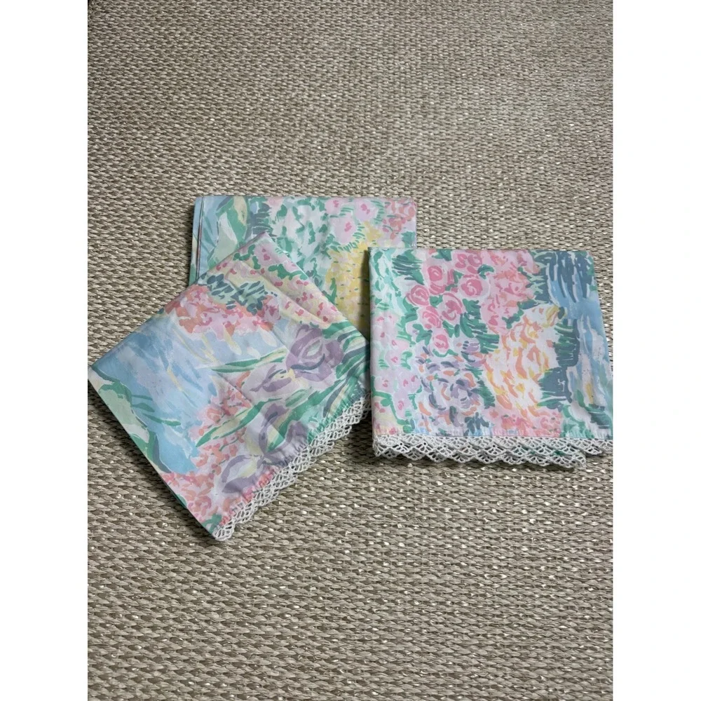 Atelier Martex King Pillowcase Set Floral Watercolor Lace Trim Vintage Monet