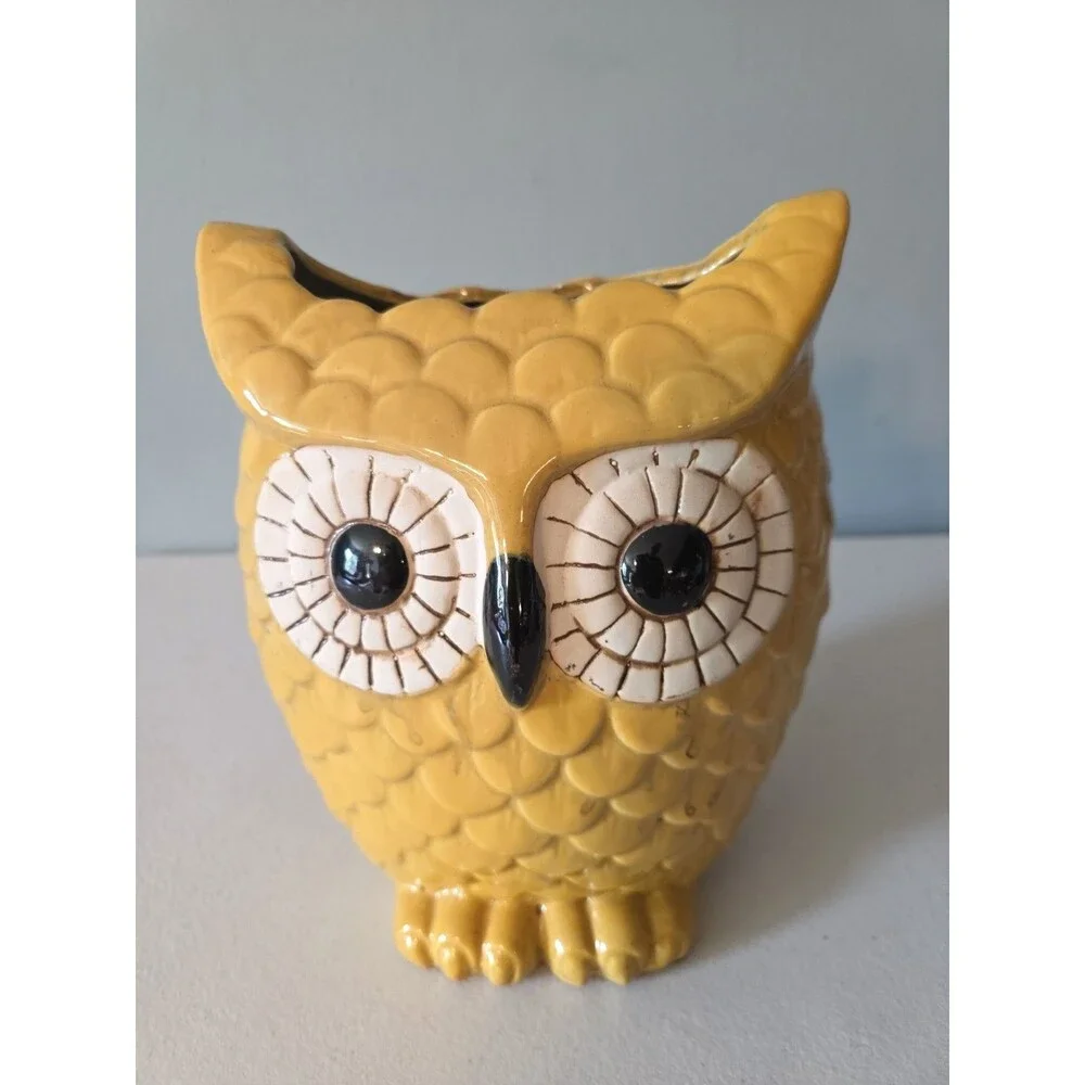 Vintage Yellow Ceramic Owl Planter 9.5” Tall Mid Century Pottery Vase