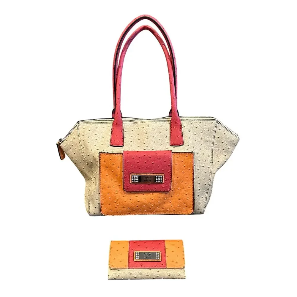 Guess Handbag, Shoulder Bag Faux Leather Ostrich Bone/Pink Orange With Wallet