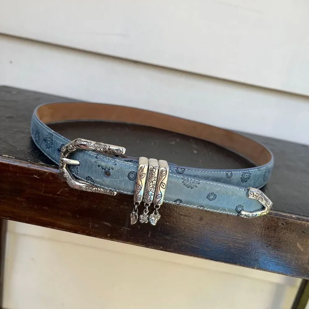 Brighton Blue Floral Tooled Leather Belt Charm Western Boho Y2K ML 32