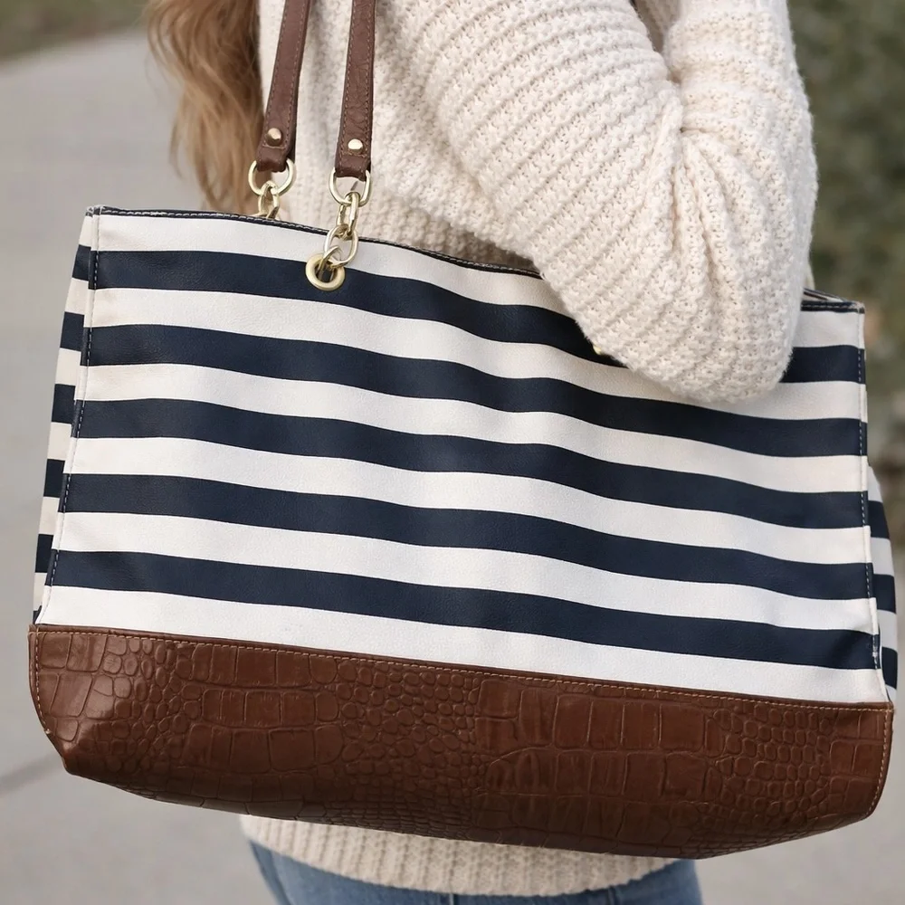 Nautical Stripe Tote Bag | Brown Faux Croc Trim | Spacious Everyday Carryall