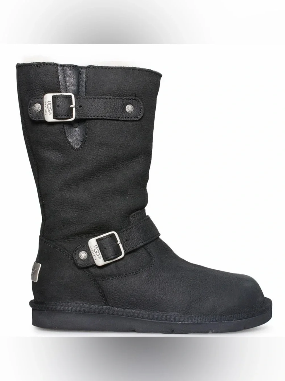 UGG Black Leather Mid-Calf Buckle Boot
