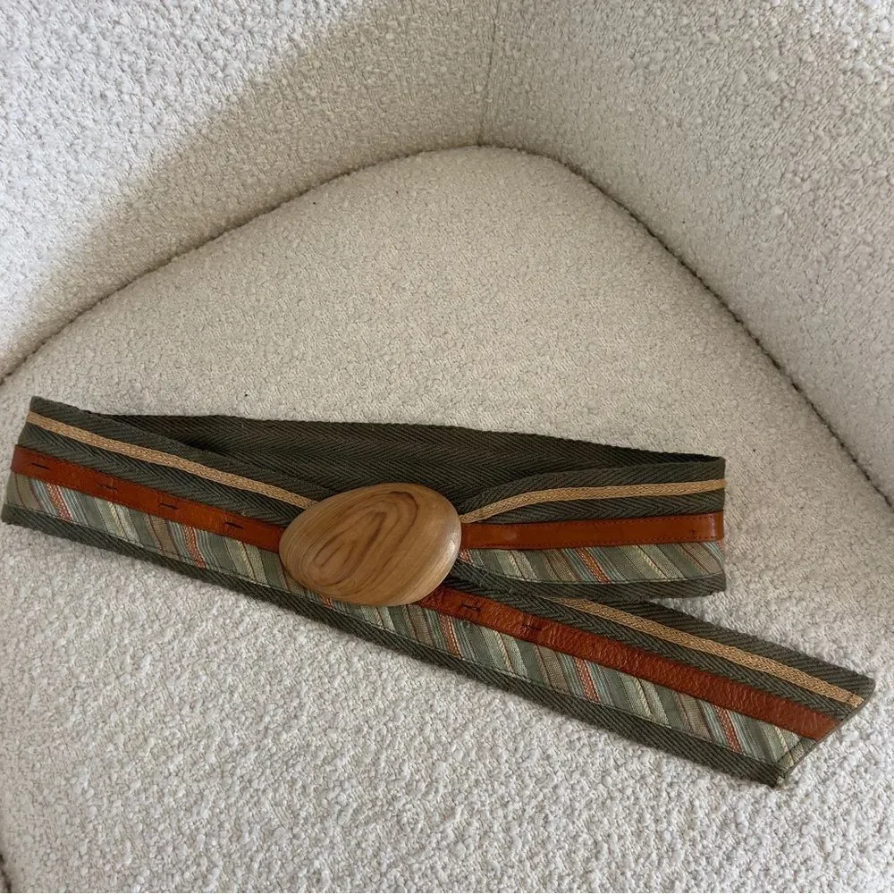 Olive Green Cotton Belt With Wooden Buckle