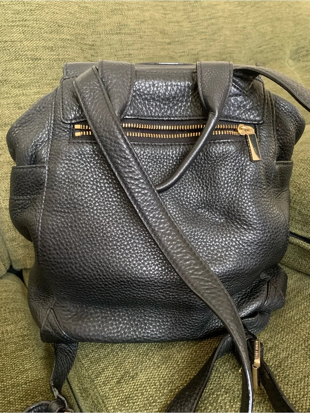 Tory Burch Black Pebbled Leather Logo Drawstring Backpack