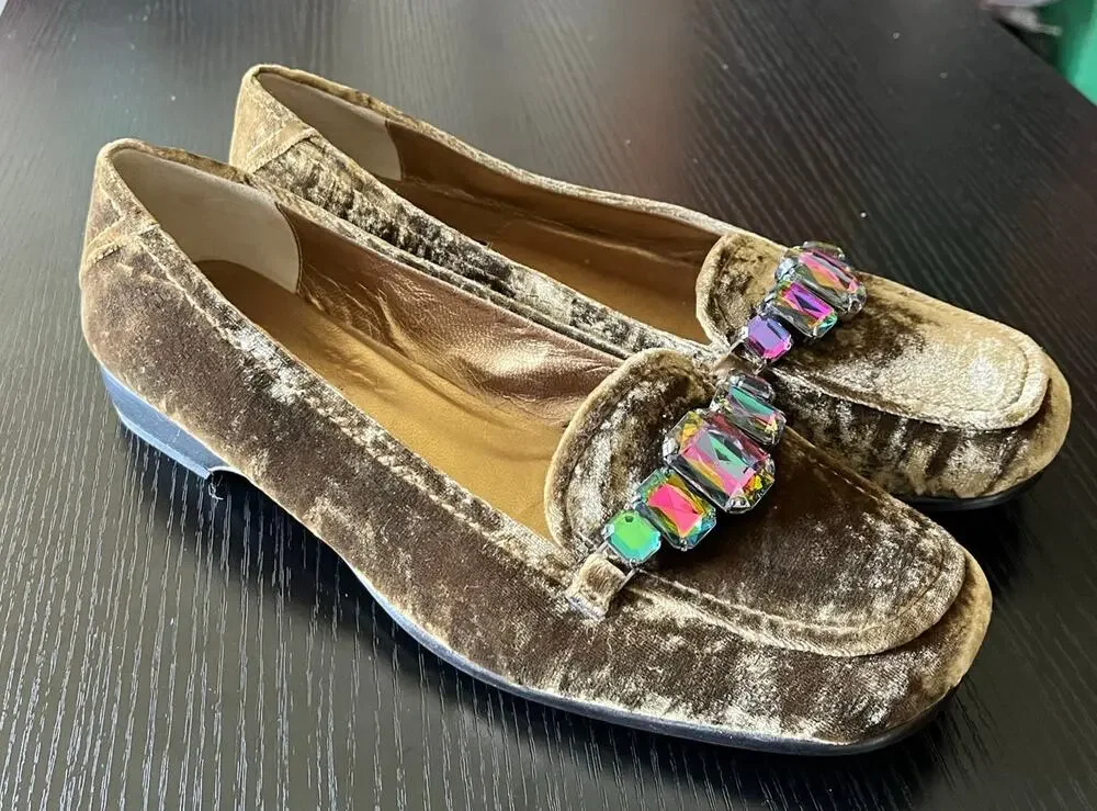 Stunning Claudia Ciuti Velvet Loafers with Faux Alexandrite Jeweled Accents