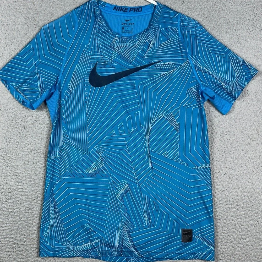Nike Pro T-Shirt Mens XL Blue Dri-FIT Geometric Big Swoosh Training Short Sleeve