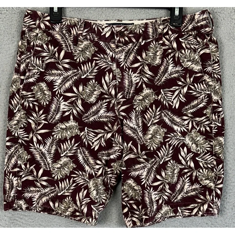 Abercrombie Fitch Shorts Mens 32 Burgundy Tropical Palm Leaf Khakis Chino Casual