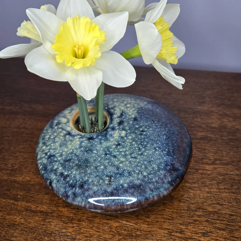 Vintage Ikebana Ceramic Blue Flower Frog Vase Handmade, Painted, Signed Gp 02