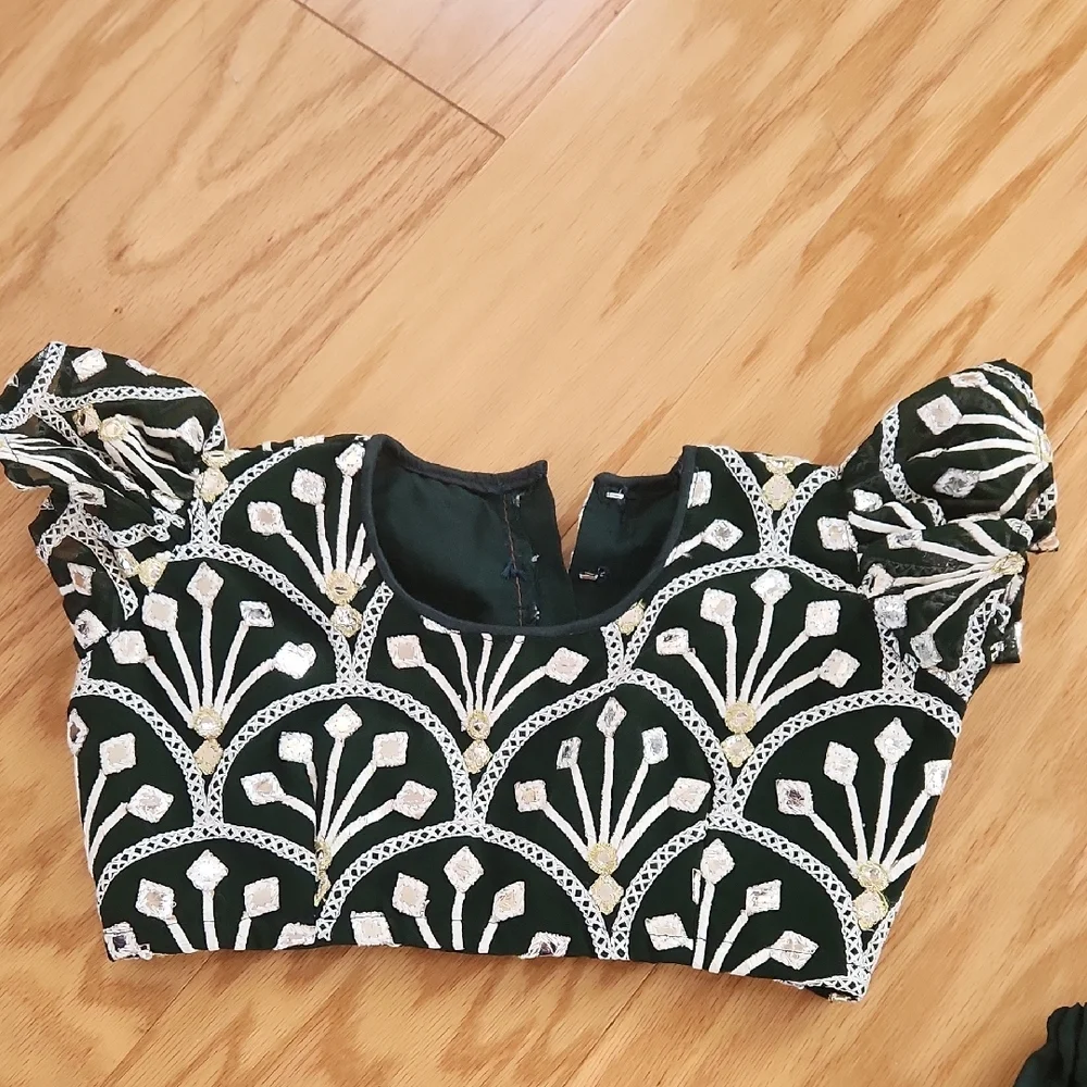 Dark Green and White Three-Piece Lehanga Choli For Girls 2-3 Yrs Short Sleeves