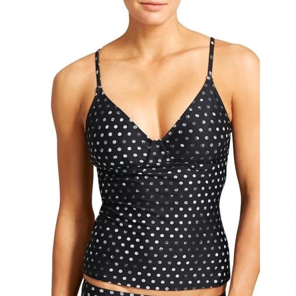 Athleta‎ Tankini Swimsuit Black Polka Dot Side Tie Bikini Bottom 2pc Set Medium