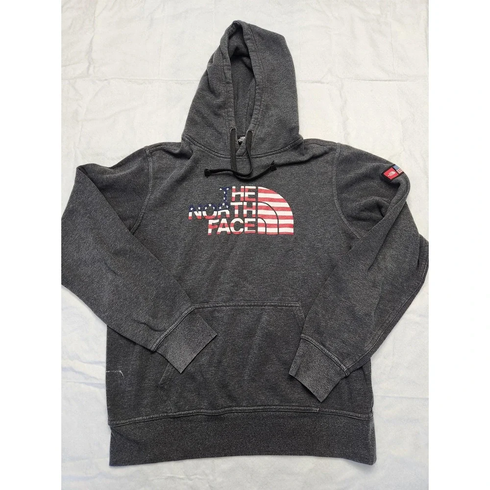 The‎ North Face Hoodie Mens Small Gray USA Flag Logo Graphic Fleece Pullover