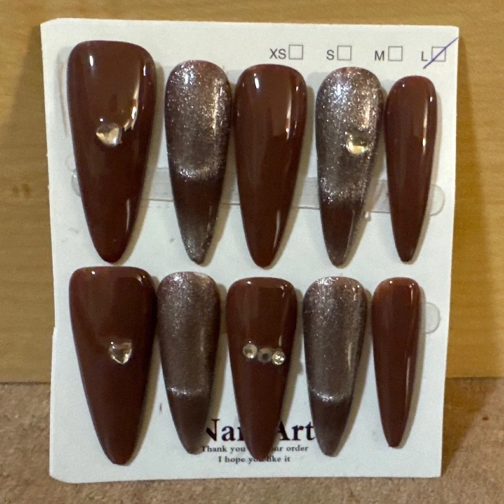 Brown Stiletto Press On Nails Long Glossy Silver Glitter Rhinestone Heart Size L