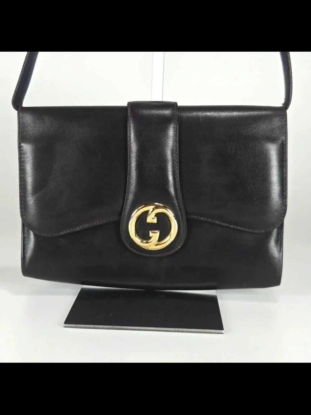 Gucci Black Leather Shoulder Bag with Gold Double G Accent