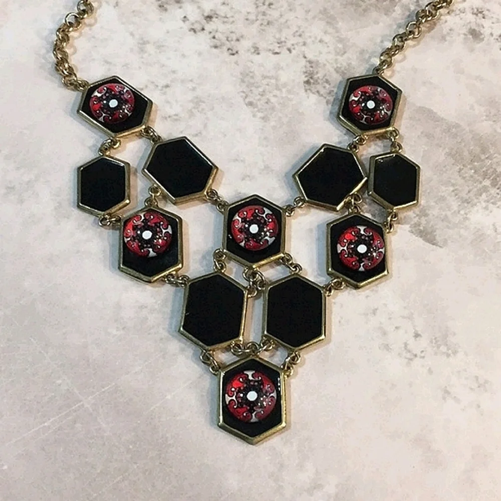 Statement Necklace Fashion Jewelry Black Diamond Eyelet Marble Honeycomb Bib