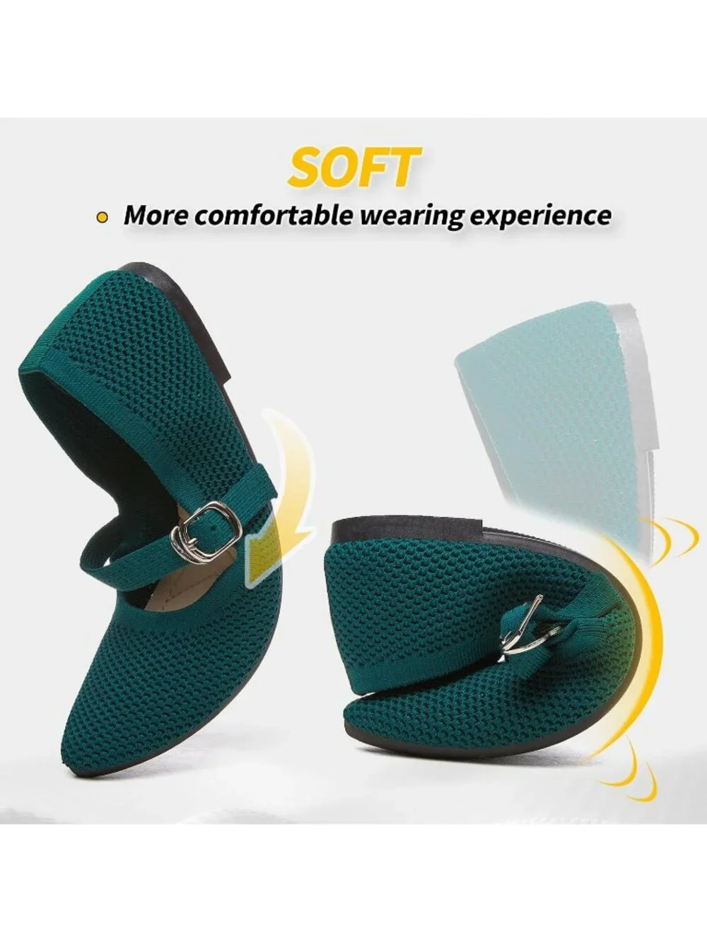 Women's Green Knit Mesh Ballet Flat Foldable With Buckle Strap Comfortable Shoes