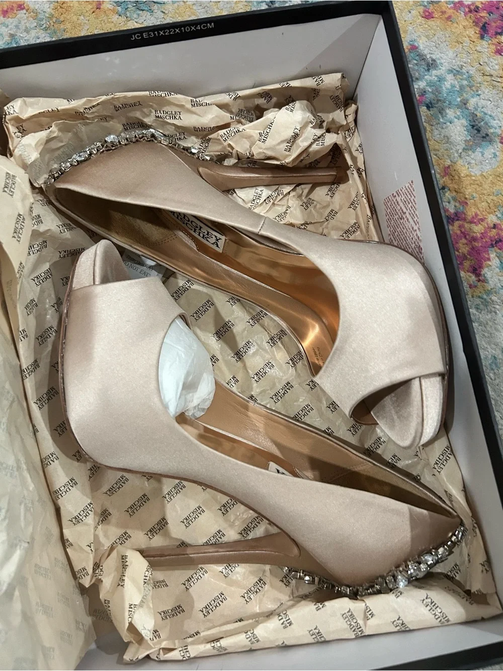 Badgley Mischka Satin Open-Toe Heels with Jewel Heel