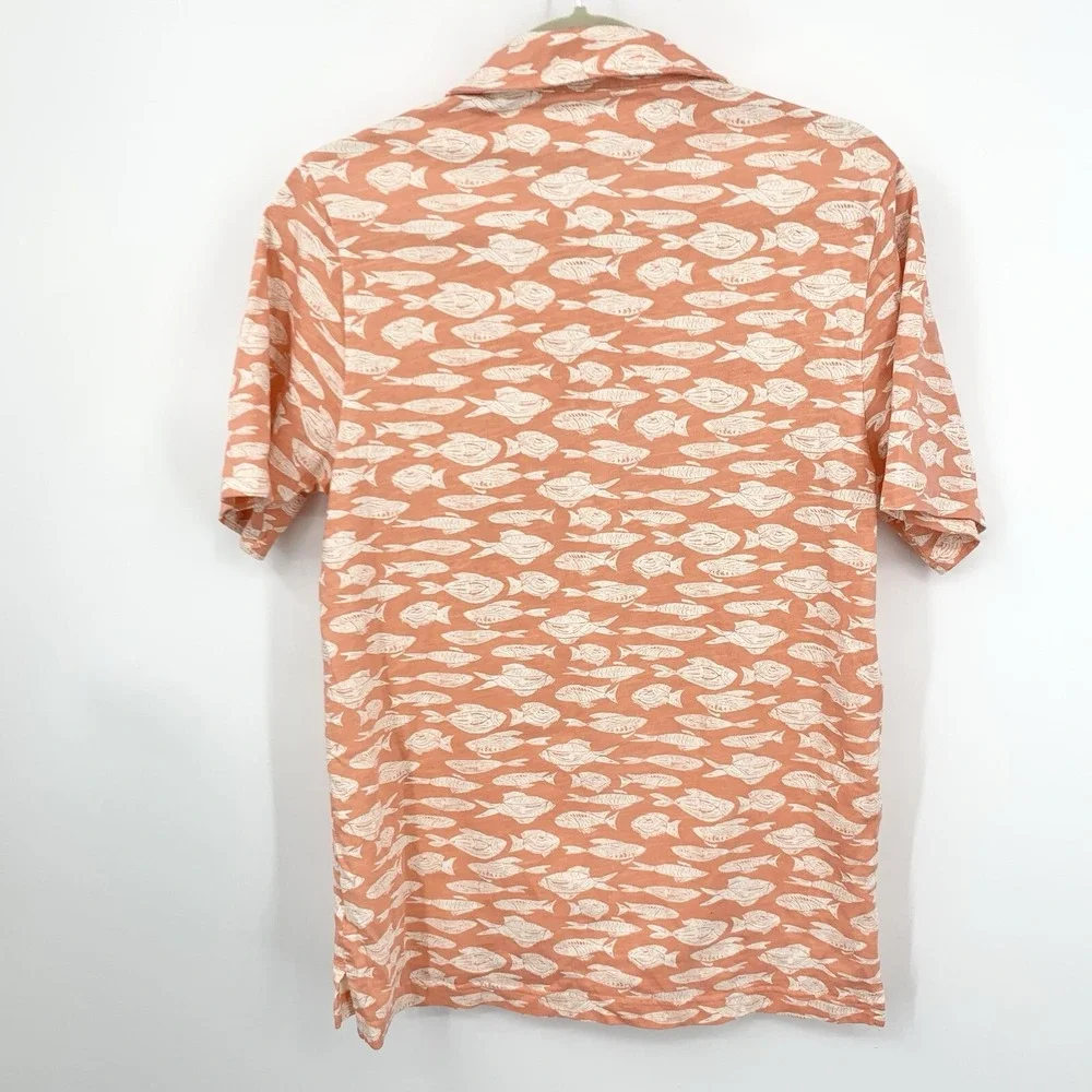 LL Bean Men‎ Size Small Shirt Short Sleeve Polo Organic Cotton Fish Orange Top