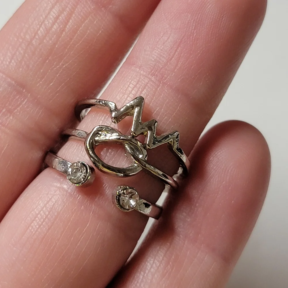 Three Stacking Rings - Love Knot - Heart Beat - Open Rhinestone
