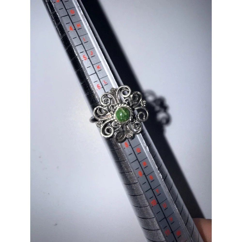 925 Sterling Silver Vintage Real‎ Malachite Gem Filigree Ring Size 7