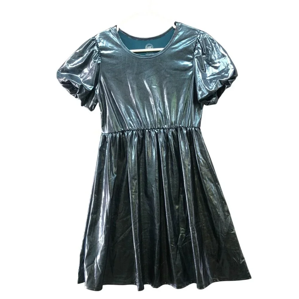 Wonder Nation Girls XL (14-16) Metallic Party Dress Teal Puff Sleeve‎ Midi