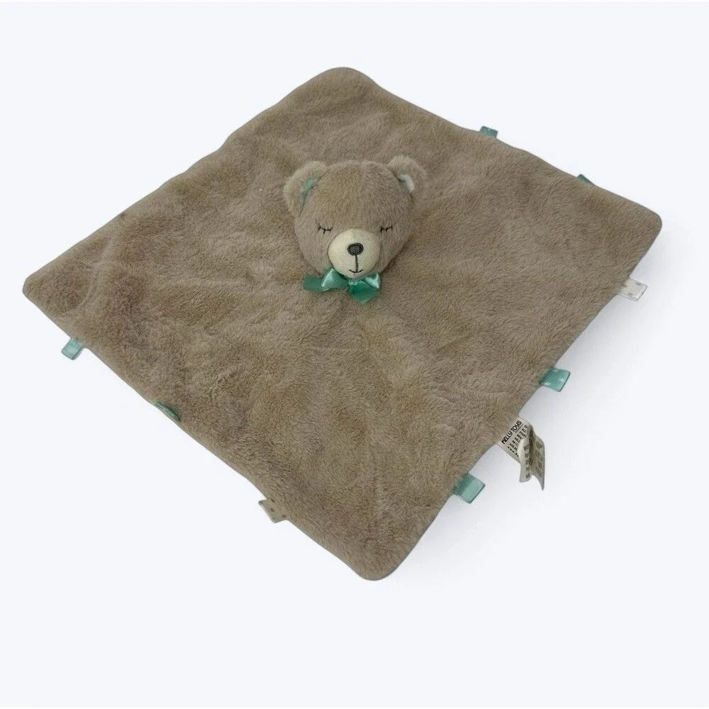 Kellytoy Brown Sleeping Bear‎ Security Blanket Baby Toddler Lovey Green Bow Soft