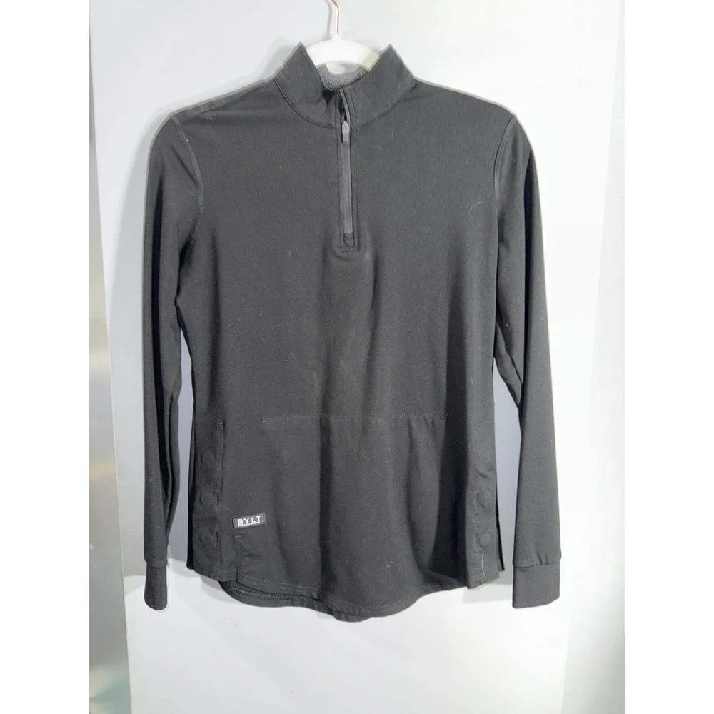 BYLT black athletic jacket magnetic close‎ side slits 1/4 zip front pocket XS