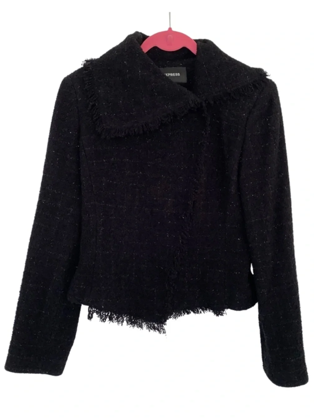 Express Wool Blend Boucle Fringe Trim Moto Jacket Black 5/6