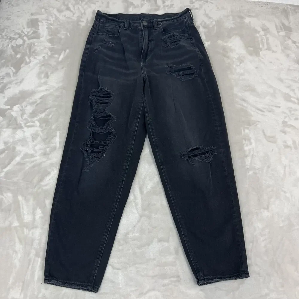 American Eagle Jeans Womens 6 Black Relaxed Mom‎ Distressed Baggy Grunge Skater
