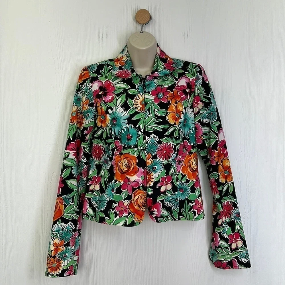 Anthracite - Bright Bold Floral Zip Up Shoulder Pad Blazer Size 4