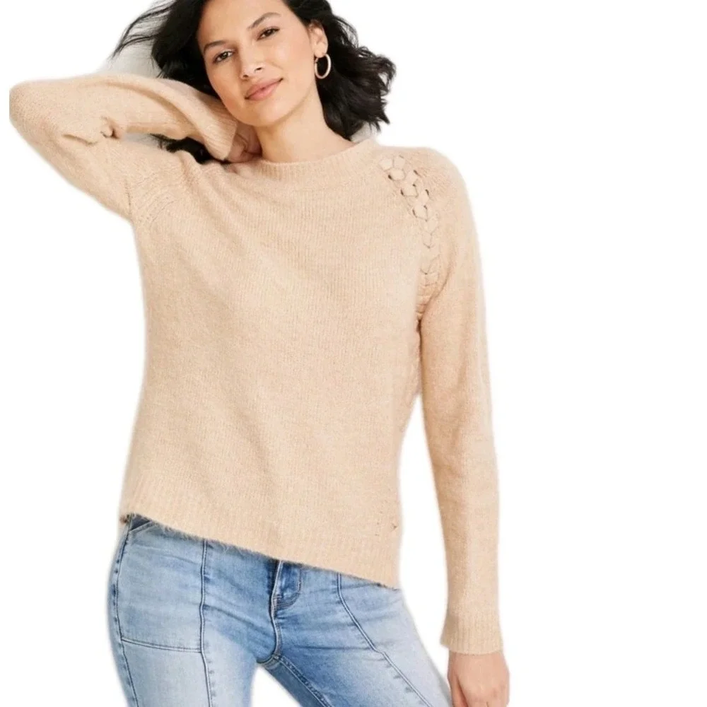 Vigoss Tan  Plus Size XL Designer Luxury Long‎ Sleeve Braided Crew Neck Sweater
