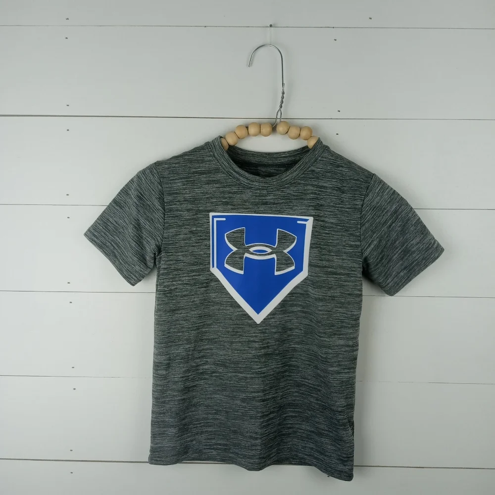 Under Armour boys size 5 gray and white spacedye neon blue white baseball design