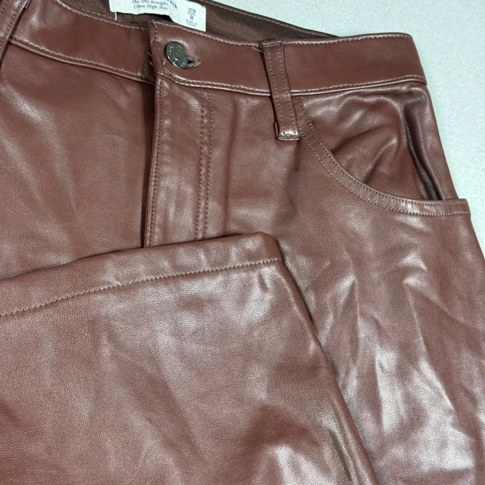 Abercrombie & Fitch The 90s Straight Ultra High Rise Vegan Leather Pants Brown 8