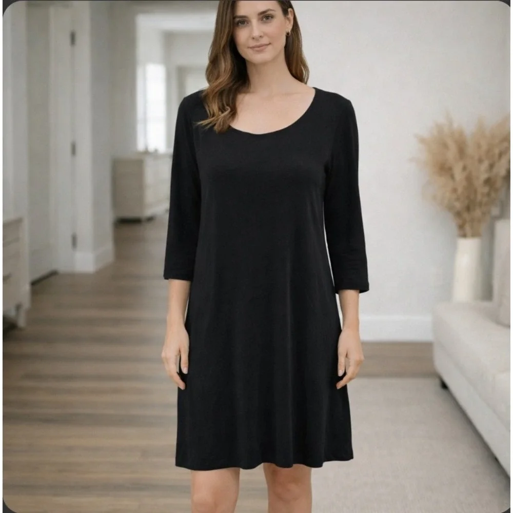 Garnet Hill T-Shirt Dress Small Dark Gray 3/4‎ Sleeve Scoop Neck Shift Capsule