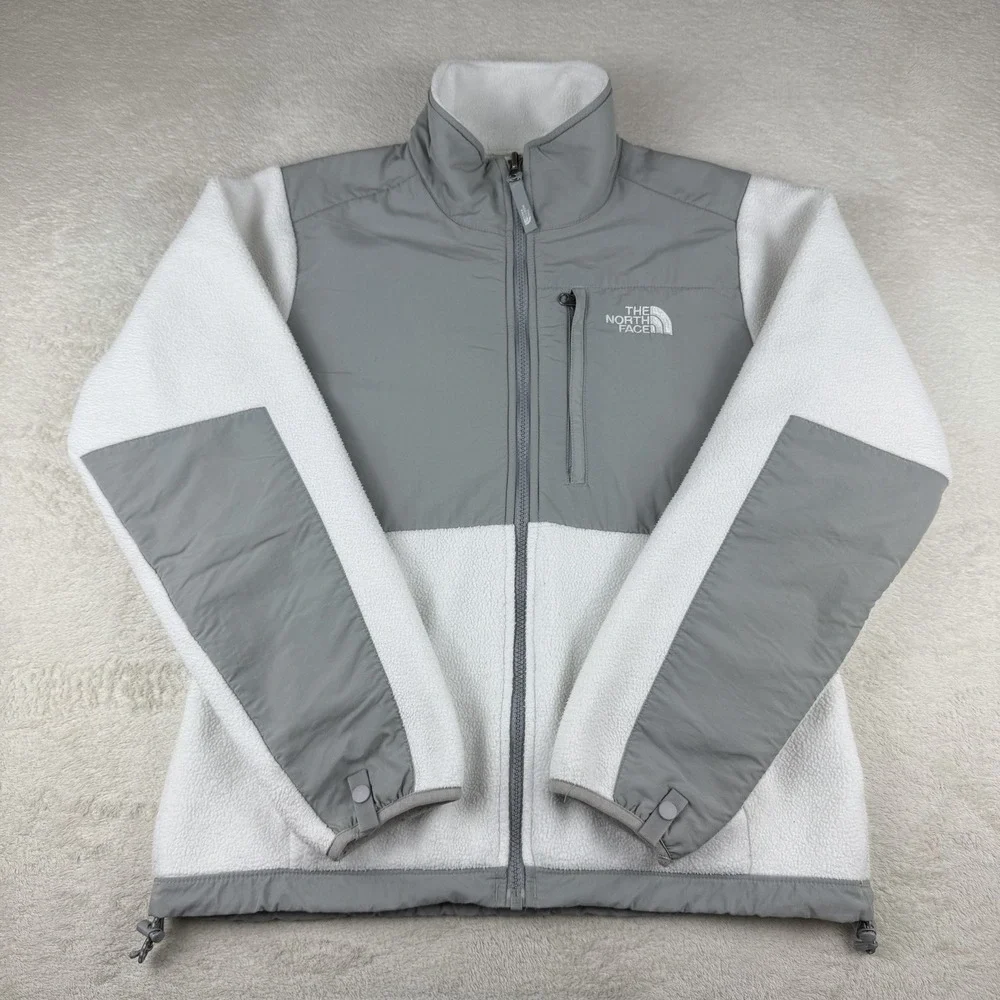 The North Face Denali Jacket Women Small‎ White Gray Polartec Fleece Full Zip