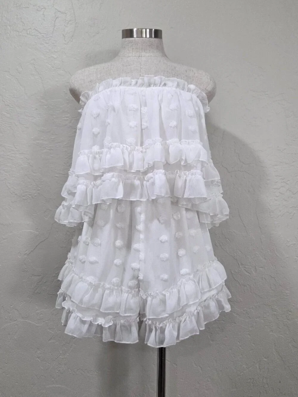 Swiss Dot Strapless Romper With Tiered‎ Ruffles