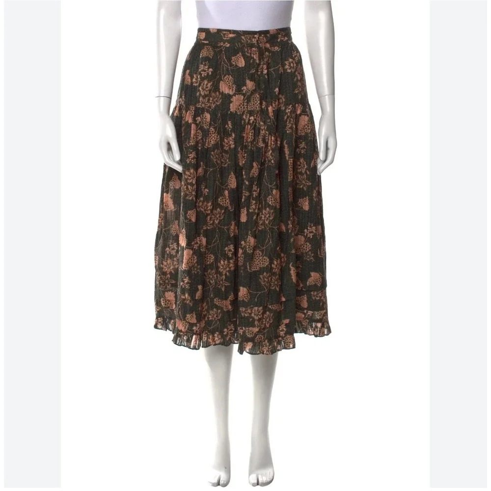 Ulla Johnson Skirt Women 6 Green Pink Floral Tiered Ruffle Midi Boho Fairy‎