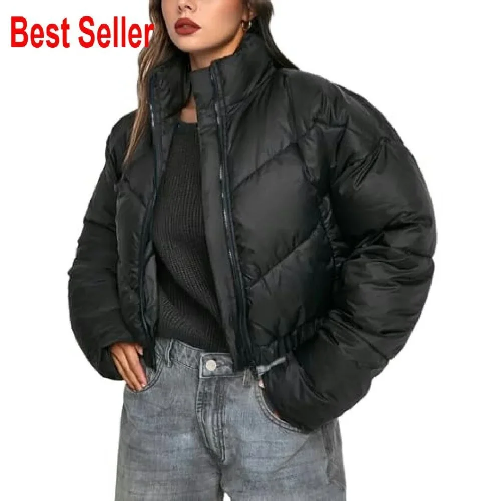 Cropped Puffer Jacket Quilted Lightweight Winter Warm Zip Up Stand Collar