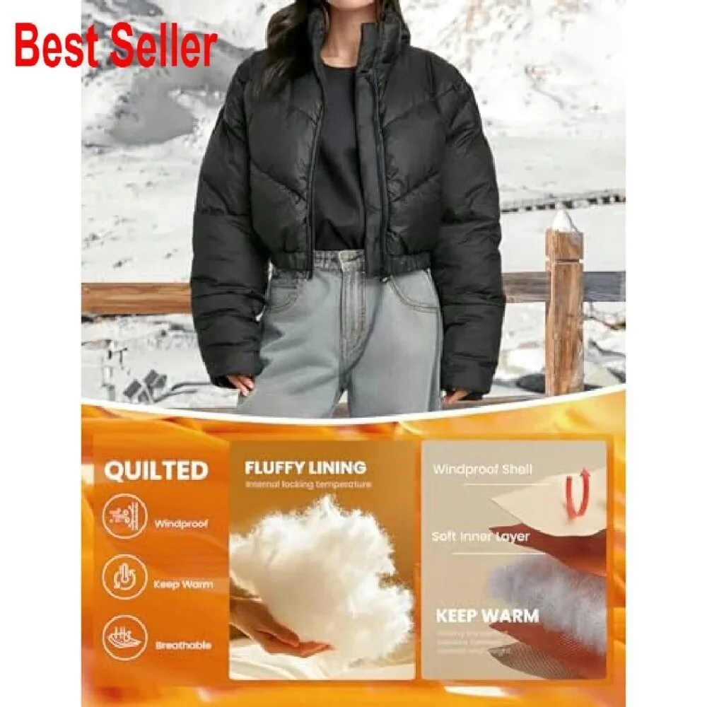 Cropped Puffer Jacket Quilted Lightweight Winter Warm Zip Up Stand Collar