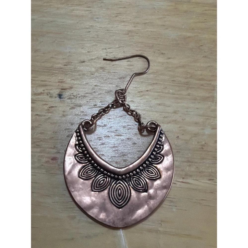 Boho Copper Hammered Crescent Drop Earrings Embossed Floral‎ Dangle Western