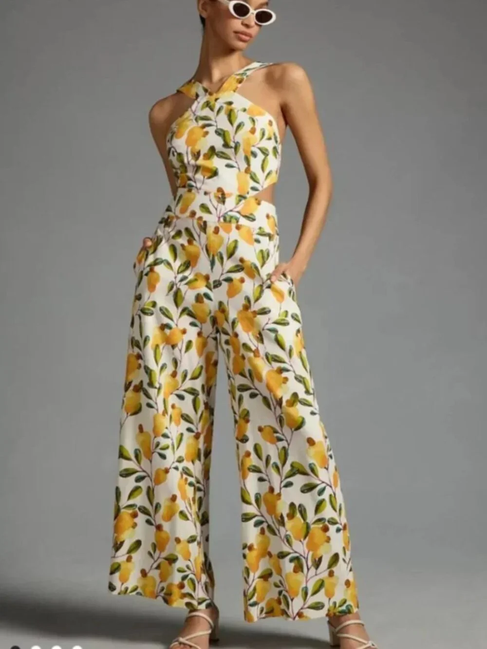 Farm Rio Halter Cutout Linen Blend Wide-Leg Pear Graphic Jumpsuit size L