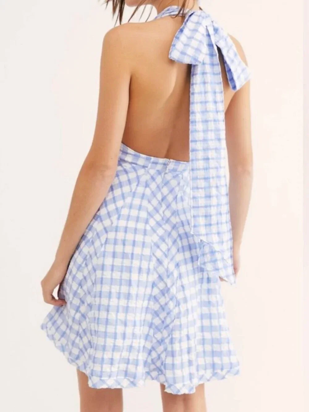 NWT Free People Do The Twist Gingham Halter Mini Dress Blue Size 0