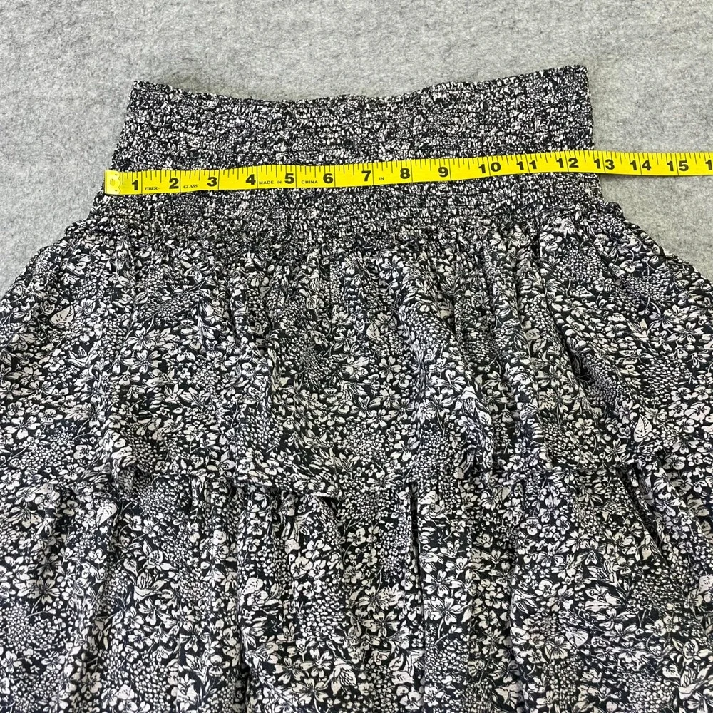Anthropologie Floral Smocked Tiered Ruffle Mini Skirt S Boho Black White