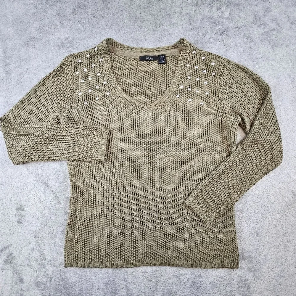 RDI Sweater Women's Small Olive‎ Green Studded Scoop Neck Soft Knit Pullover