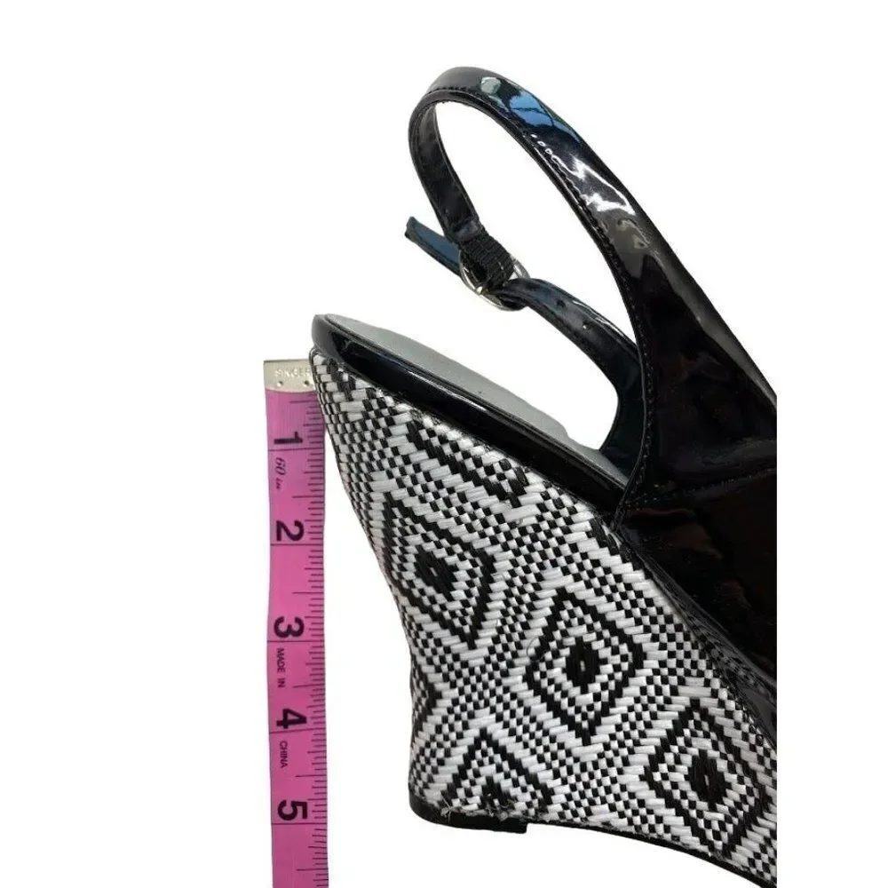 Audrey Brooke Peep Toe‎ Black White Patent Leather Wedge Slingback Shoe Sz 8