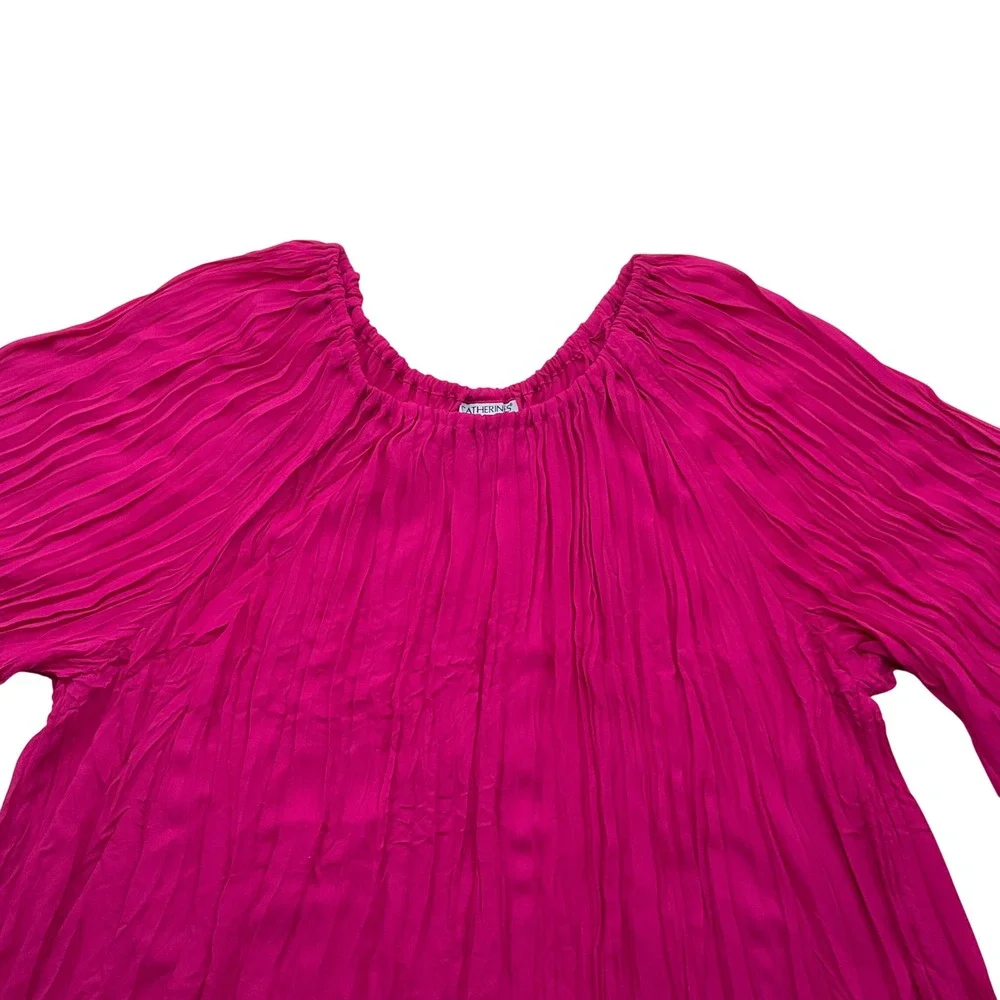 Catherines Peasant Top Womens 2X Magenta Crinkle Eyelet Lace Boho Blouse