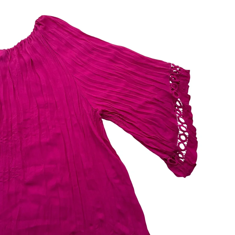 Catherines Peasant Top Womens 2X Magenta Crinkle Eyelet Lace Boho Blouse