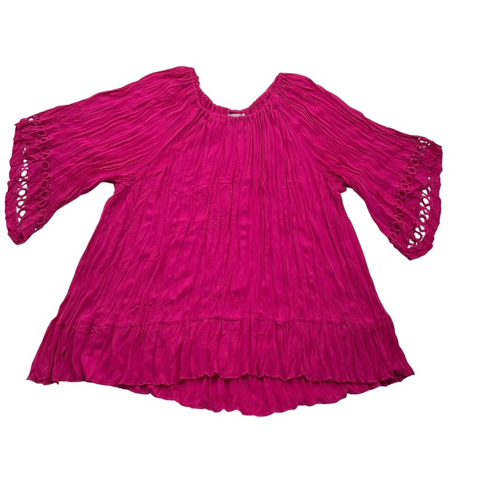 Catherines Peasant Top Womens 2X Magenta Crinkle Eyelet Lace Boho Blouse
