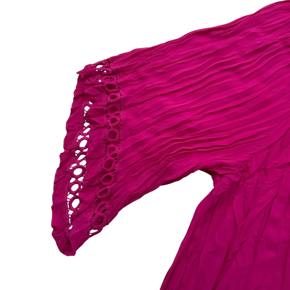 Catherines Peasant Top Womens 2X Magenta Crinkle Eyelet Lace Boho Blouse