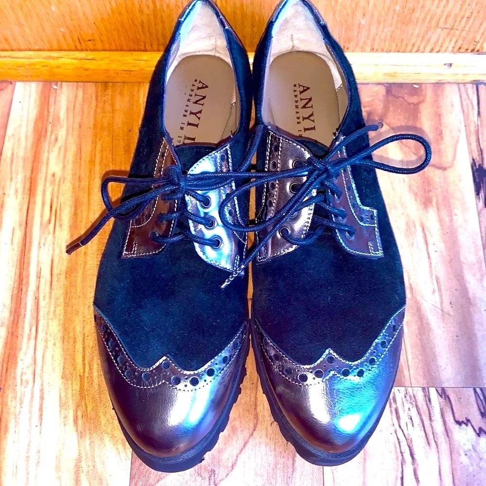 Anyi Lu $600 Oxfords shoes LEATHER handmade size EU 36 US 6 black silver EUC